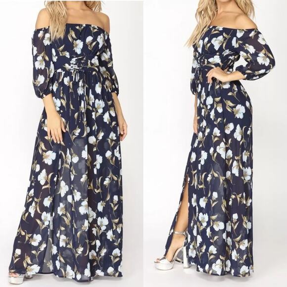 Fashion Nova Blue Walk With Me Floral Print Off The Shoulder Maxi Dress Size 1X - Picture 1 of 12